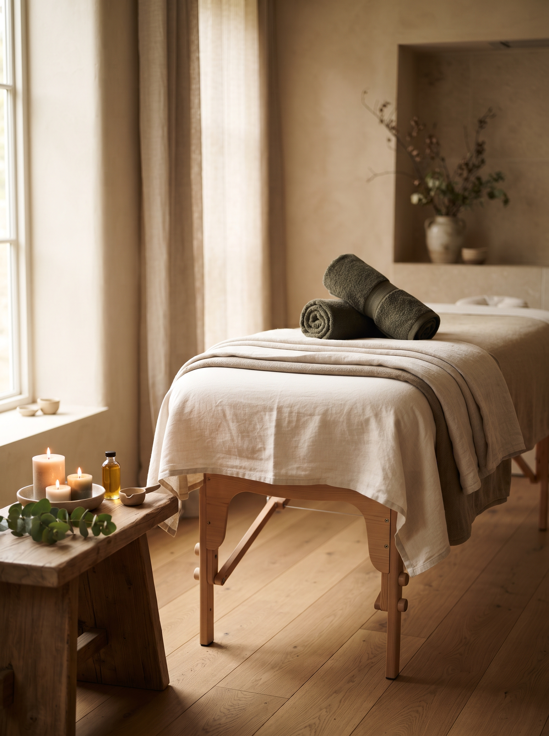 Massage table dressed with warm linens